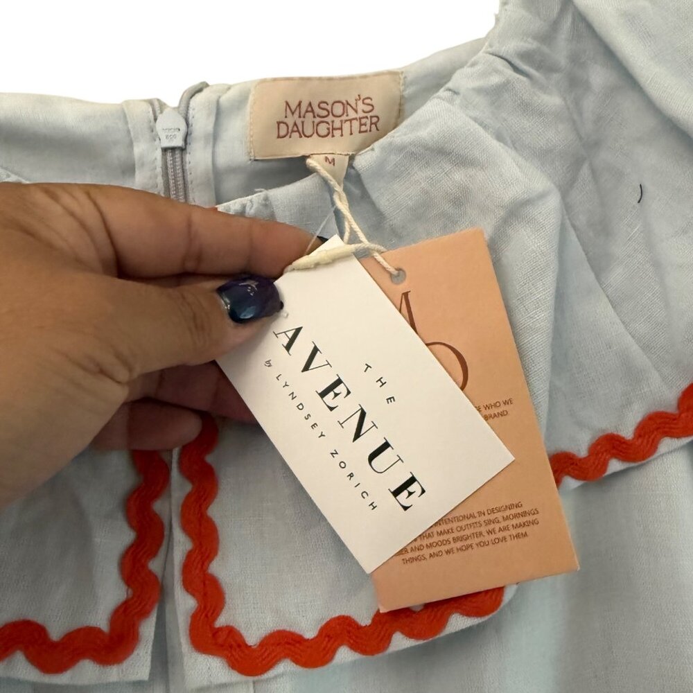 Masons Daughter Blue Orange Ric Rac Trim Linen Belted Dress Medium Womens NEW - Picture 5 of 10